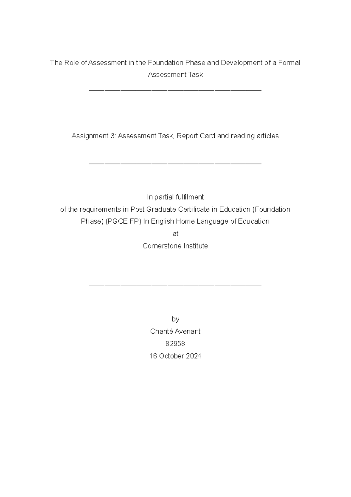 Assessment Task PGCE FP: Formal Assessment, Report Card & Articles ...