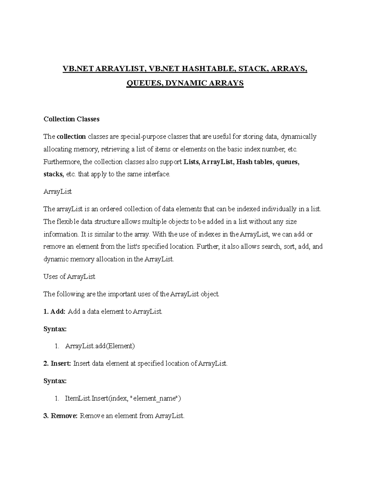 VB Arrays - Collection Classes and Their Operations - NOTES - Studocu
