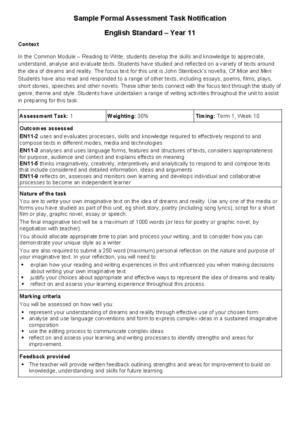 Stage 6 English Standard Year 11 Sample Assessment Task: Reading to ...