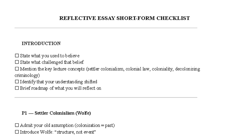 🧾Short Form Checklist - Example - 🧾 REFLECTIVE ESSAY SHORT-FORM ...