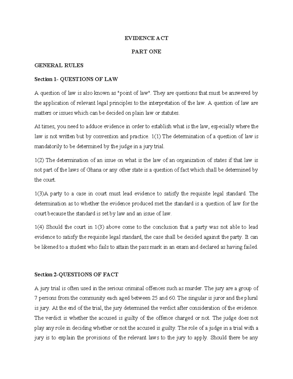 Evidence ACT - EVIDENCE ACT PART ONE GENERAL RULES Section 1- QUESTIONS ...