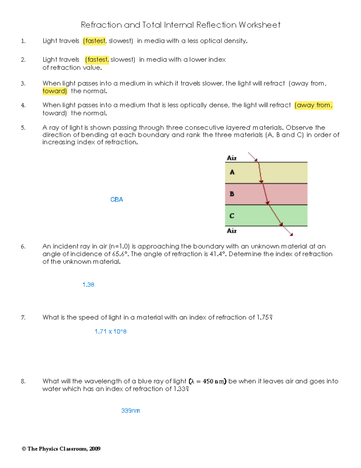 Refraction & Total Internal Reflection Worksheet - PHYS 101 - Studocu