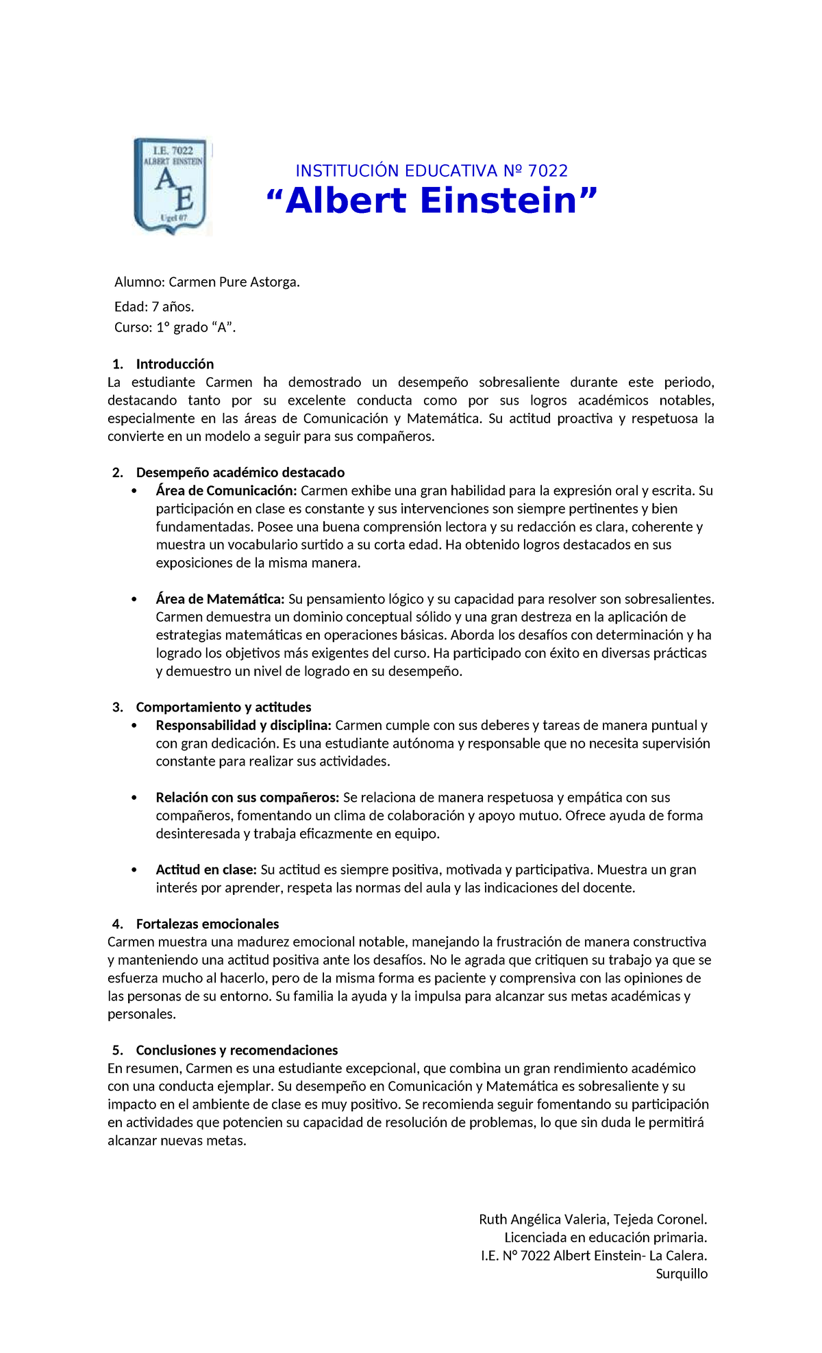 Informe Pedagógico Conductual 1º Grado - Carmen Pure Astorga - Document Preview