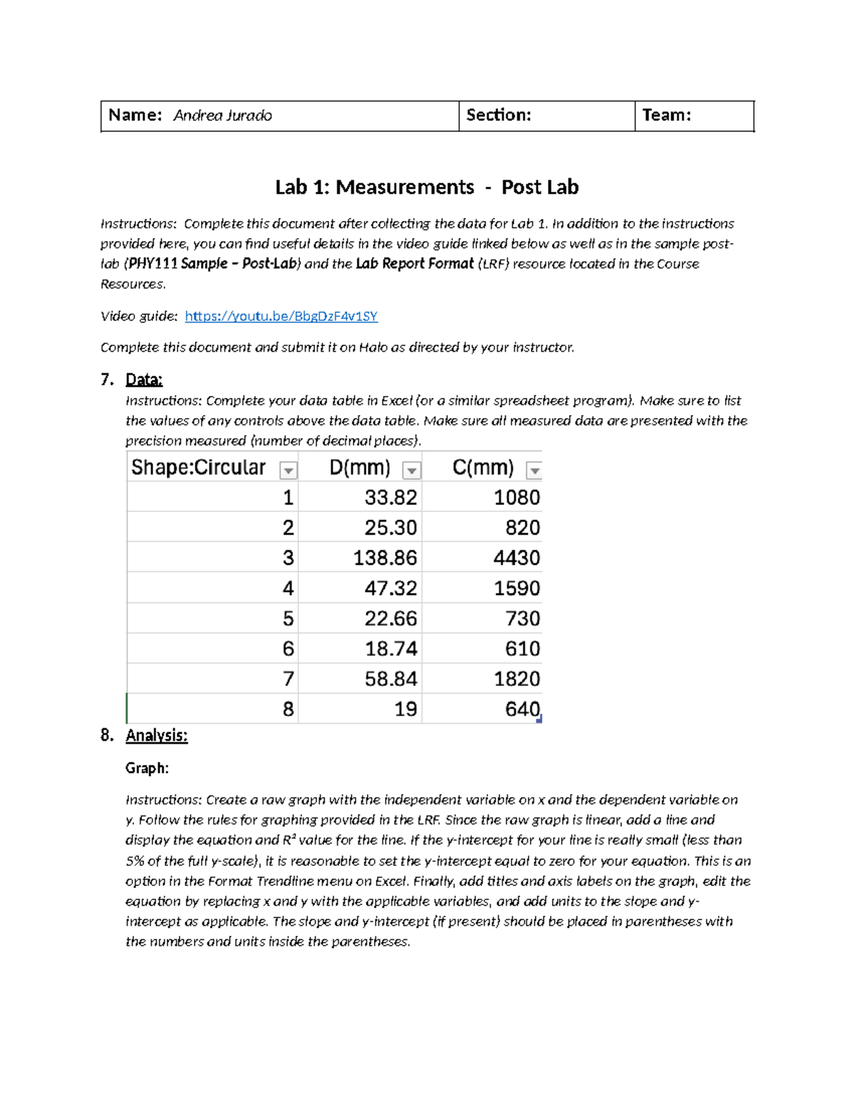 PHY-111 LAB 1 measurement's - Name: Andrea Jurado Section: Team: Lab 1 ...