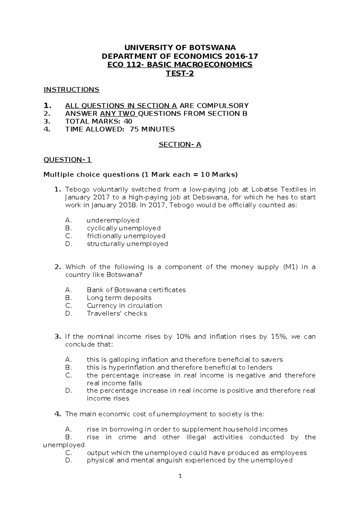 ECO 112 Test 2 Sample Paper: Basic Macroeconomics Practice Exam - Studocu