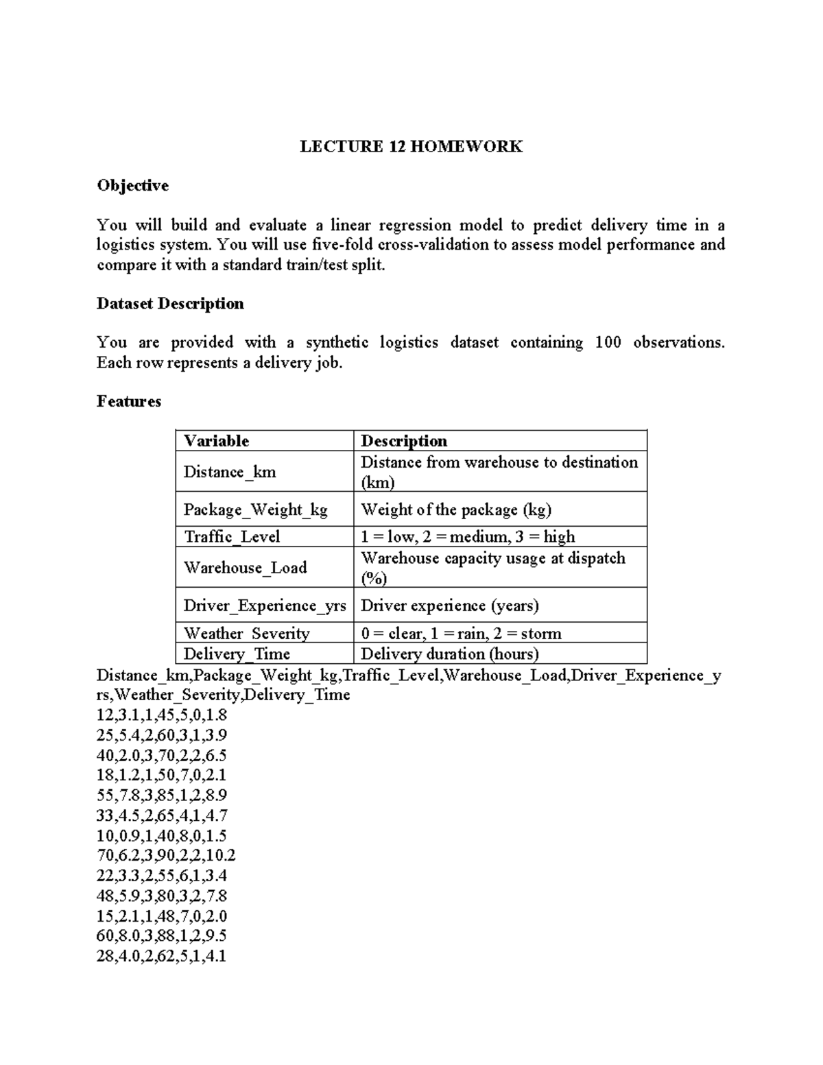 LECTURE 12 HOMEWORK: Linear Regression Model for Delivery Time - Studocu
