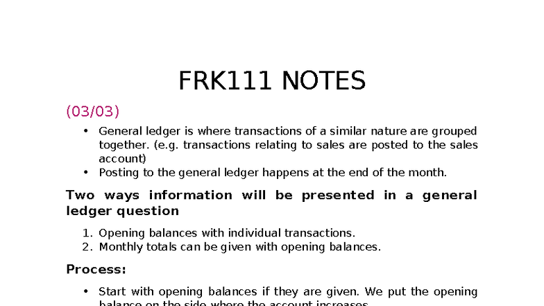 FRK111 & FRK121 General Ledger and Debtors Control Notes - Studocu