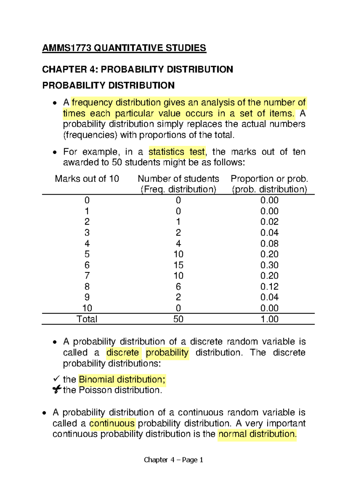 AMMS1773 QUANTITATIVE STUDIES CHAPTER 4: PROBABILITY DISTRIBUTION - Studocu