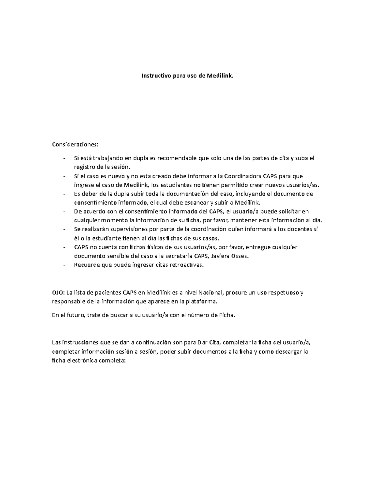 Guía de Uso de Medilink para Sesiones en CAPS - Document Preview