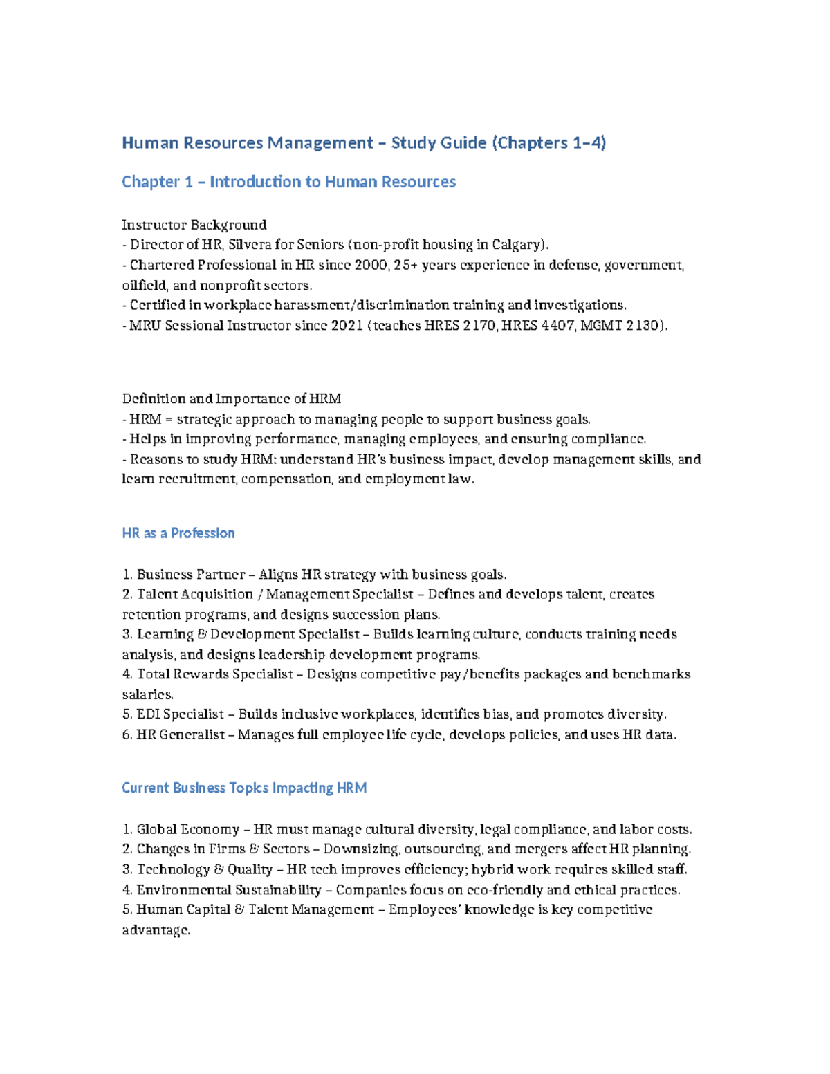 HRM Study Guide (HRES 2170, HRES 4407, MGMT 2130) Chapters 1-4 - Studocu
