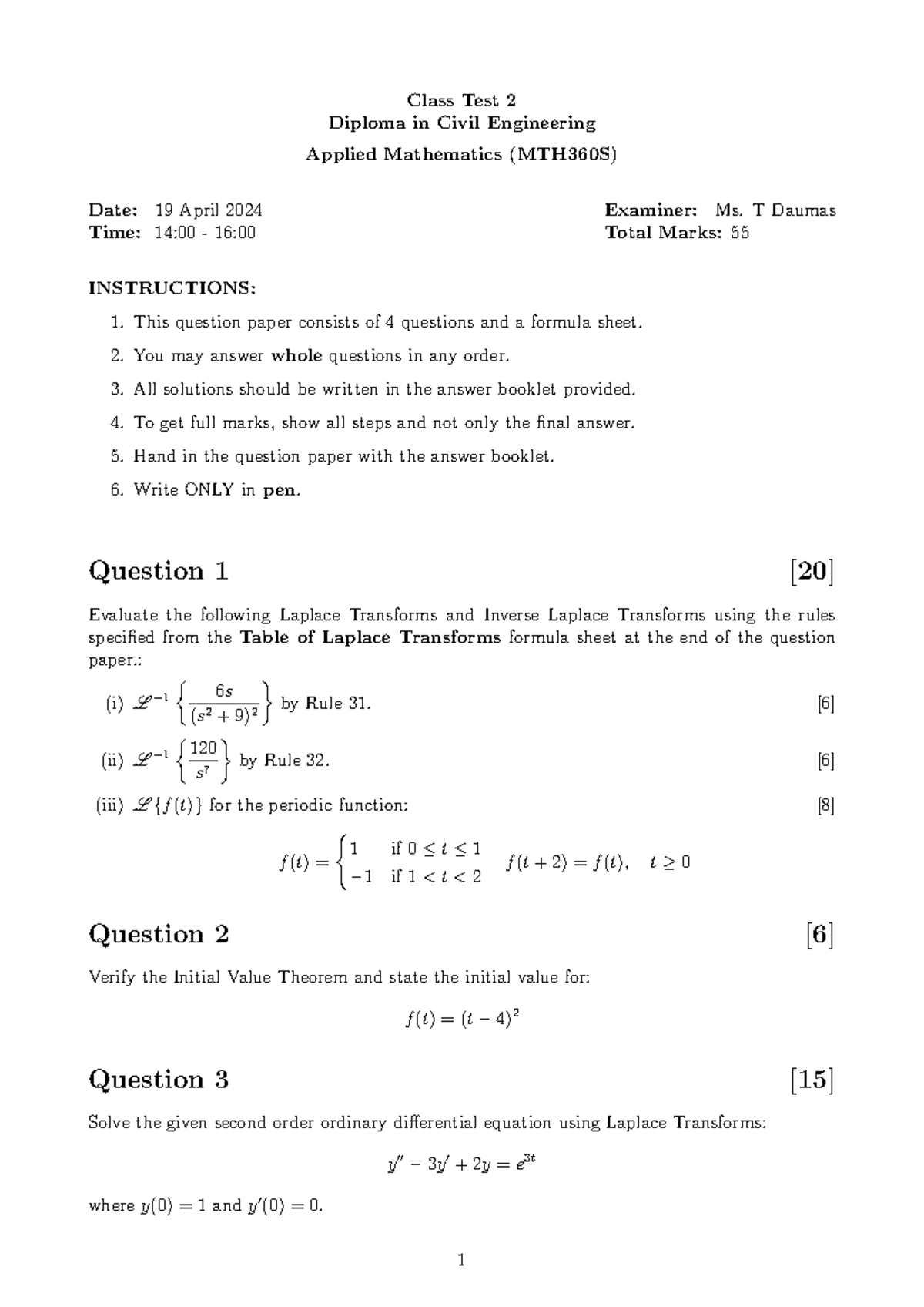 Class Test 2 Review - Applied Mathematics MTH360S 2024 - Studocu