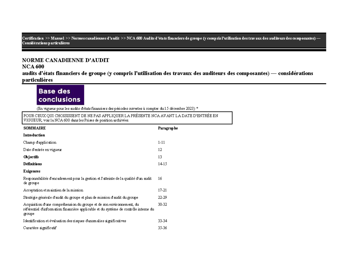 NCA 600 - Normes Canadiennes d'Audit pour Audits de Groupe - Studocu