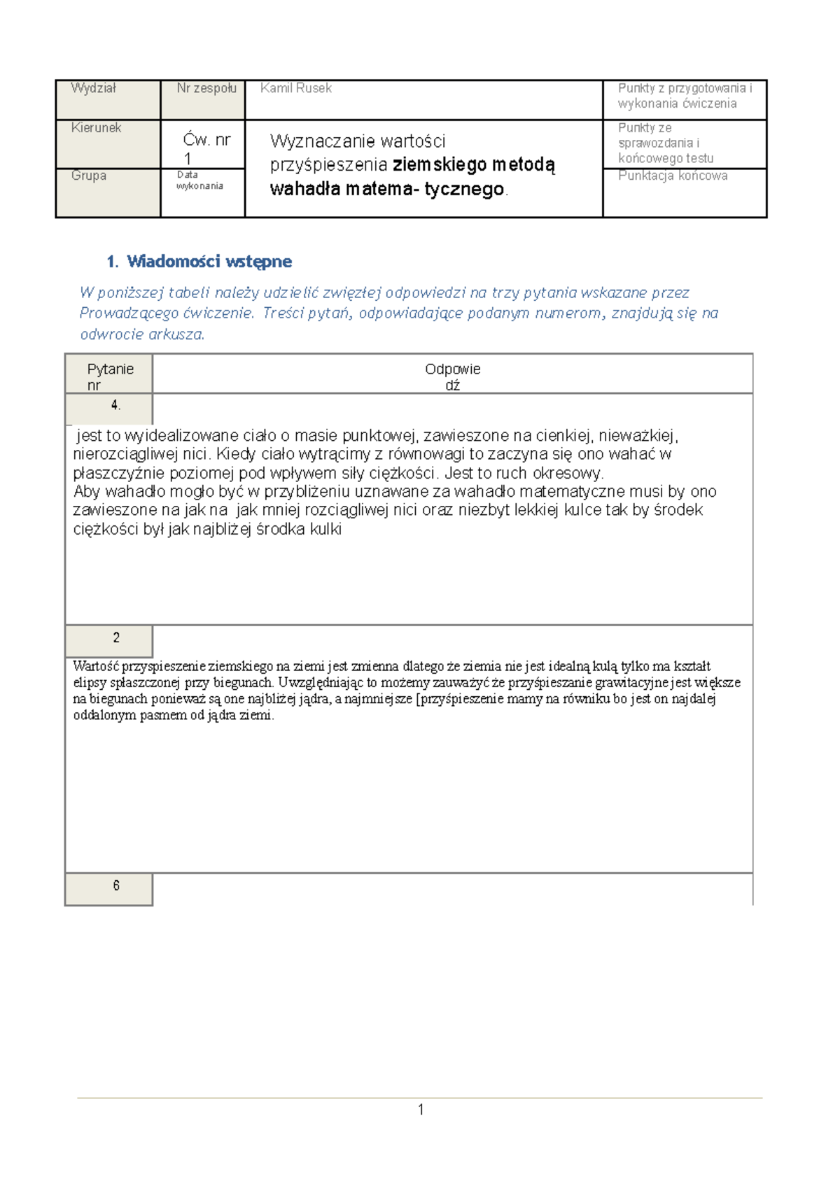 ćw 1 kmil rusek - sprawozdanie n laboratoria z fizyki - 1 Wydział Nr ...