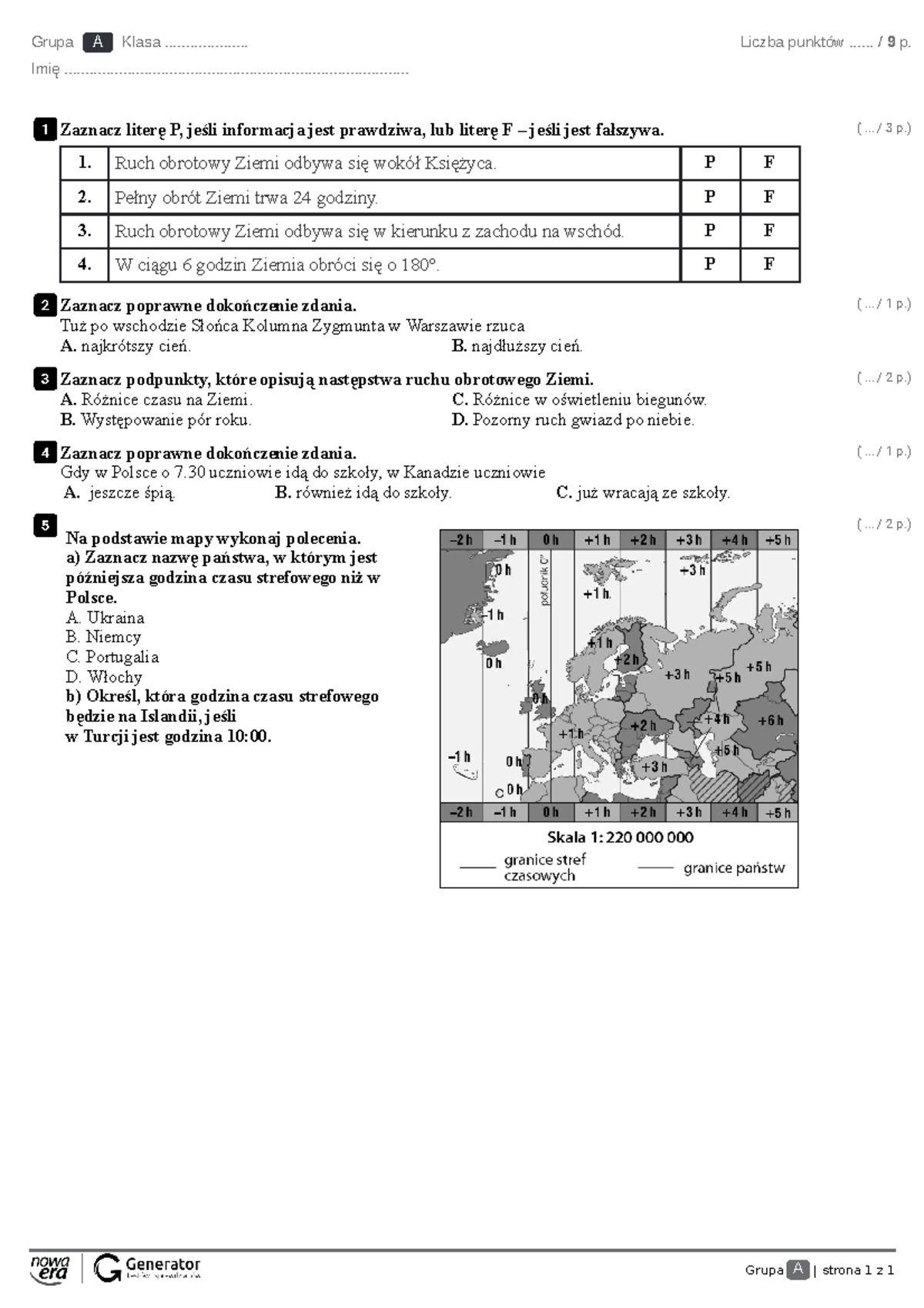 Kartkówka - Ruch obrotowy Ziemi i czas na Ziemi - wer.2 Test (z ...