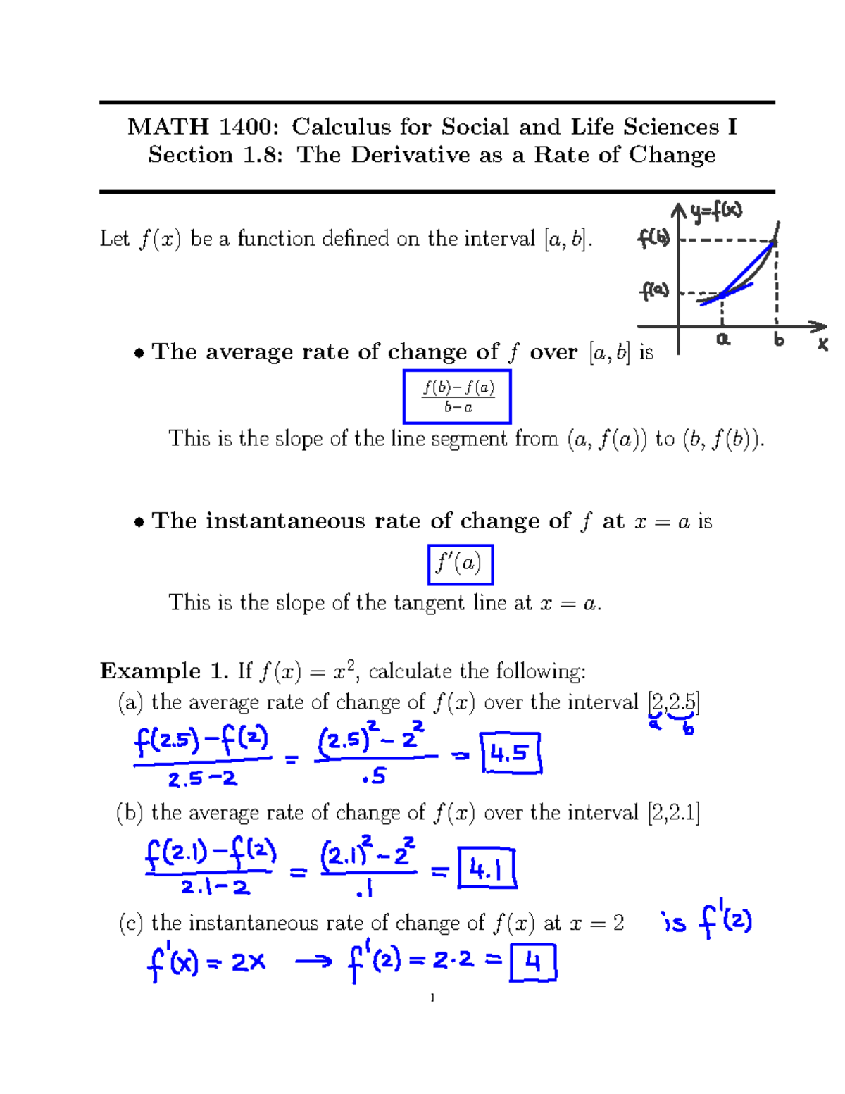MATH 1400: Lecture Notes on Derivatives & Rates of Change - Studocu
