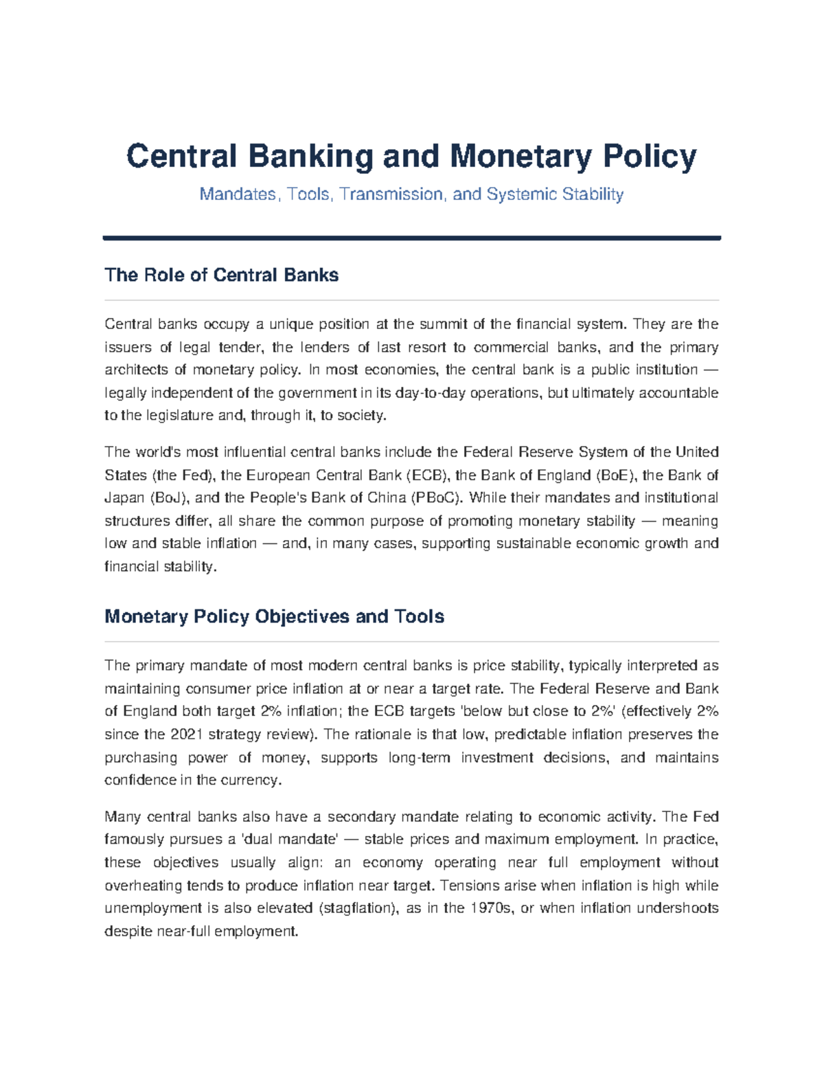 05 Central Banking & Monetary Policy: Mandates, Tools, & Stability ...