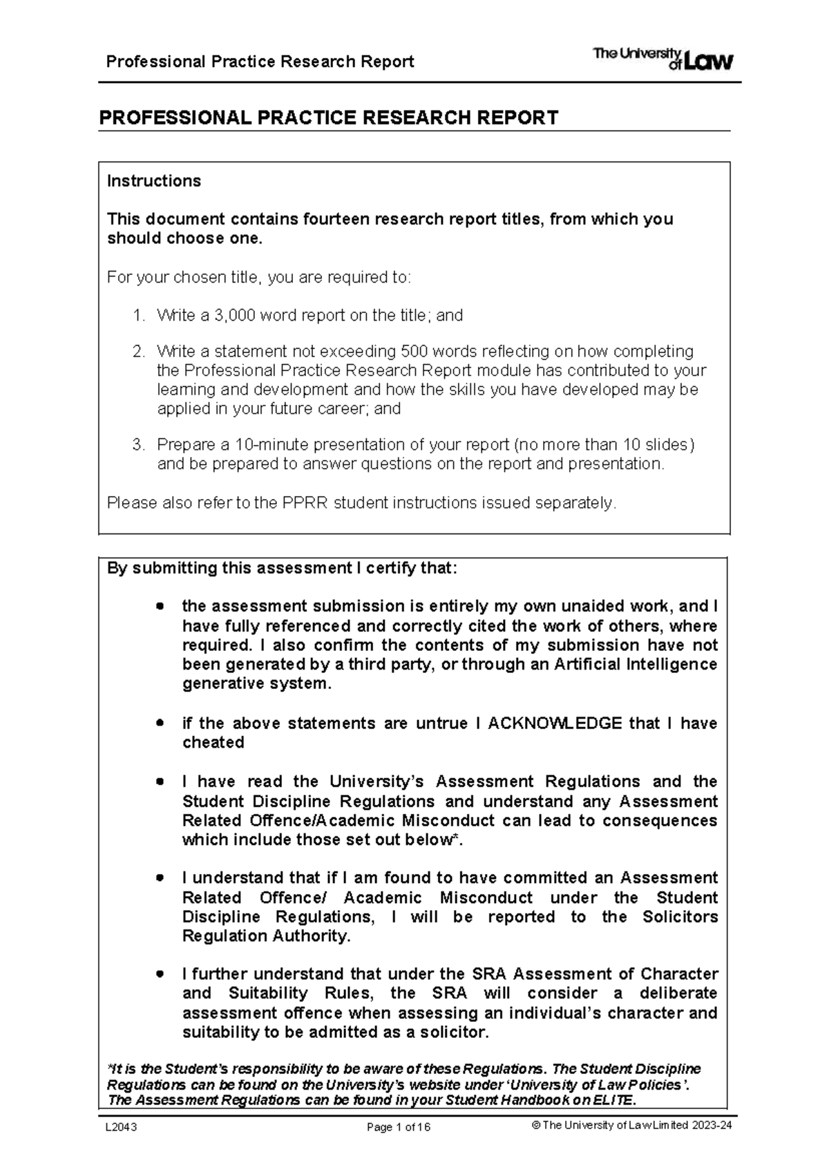 Professional Practice Research Report (L2043): Assessment Guidelines ...