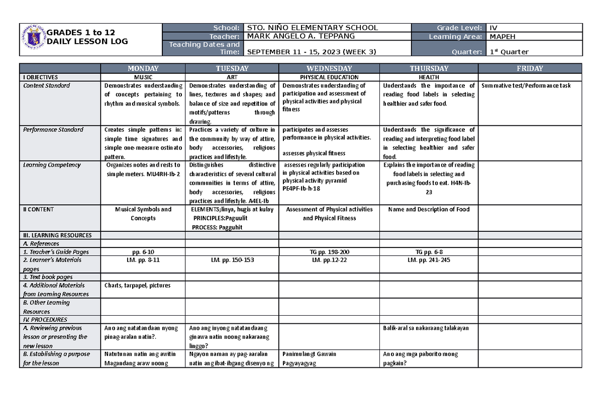 DLL MAPEH 4 Q1 W3 - Daily Lesson Log for Grade IV - Studocu