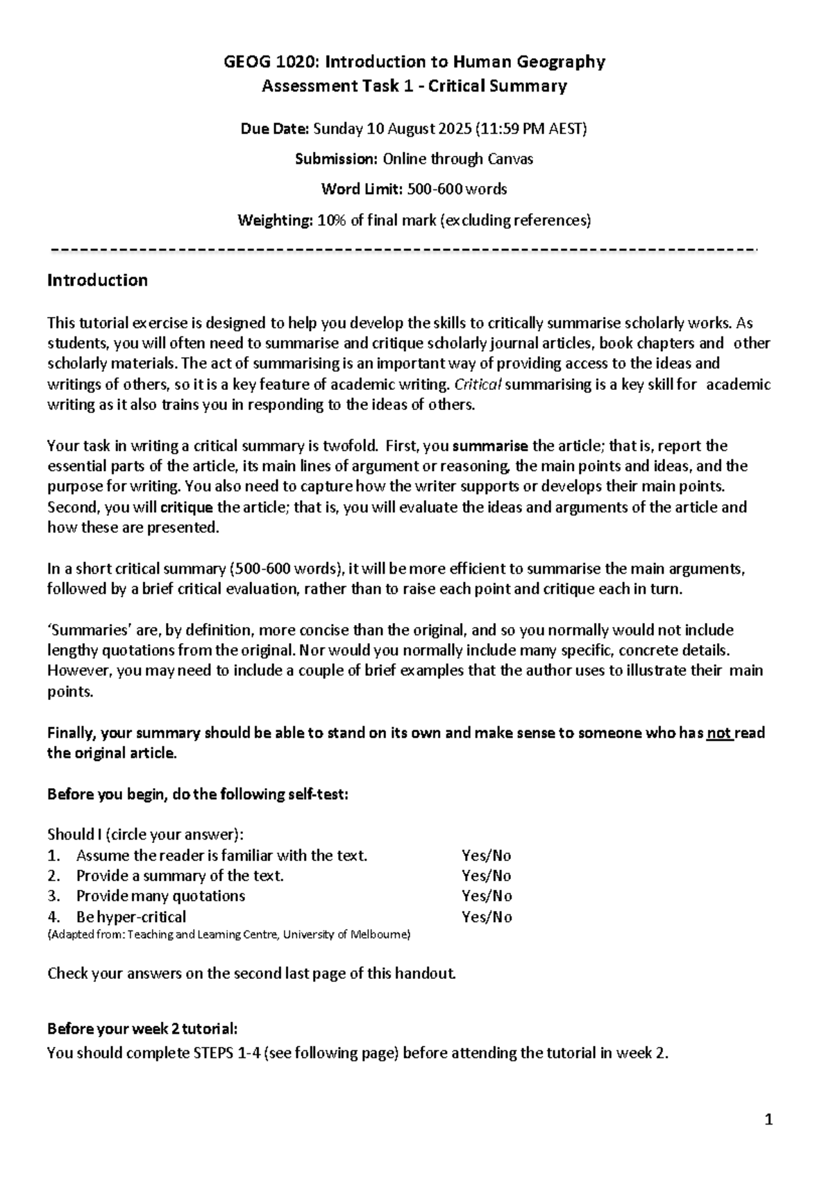 GEOG 1020: Critical Summary Guidelines for Assessment Task 1 - Studocu