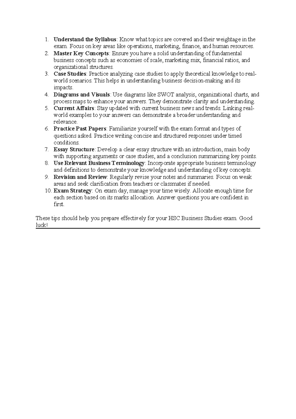 HSC Business Studies Exam Prep Tips: Key Concepts & Strategies - Studocu