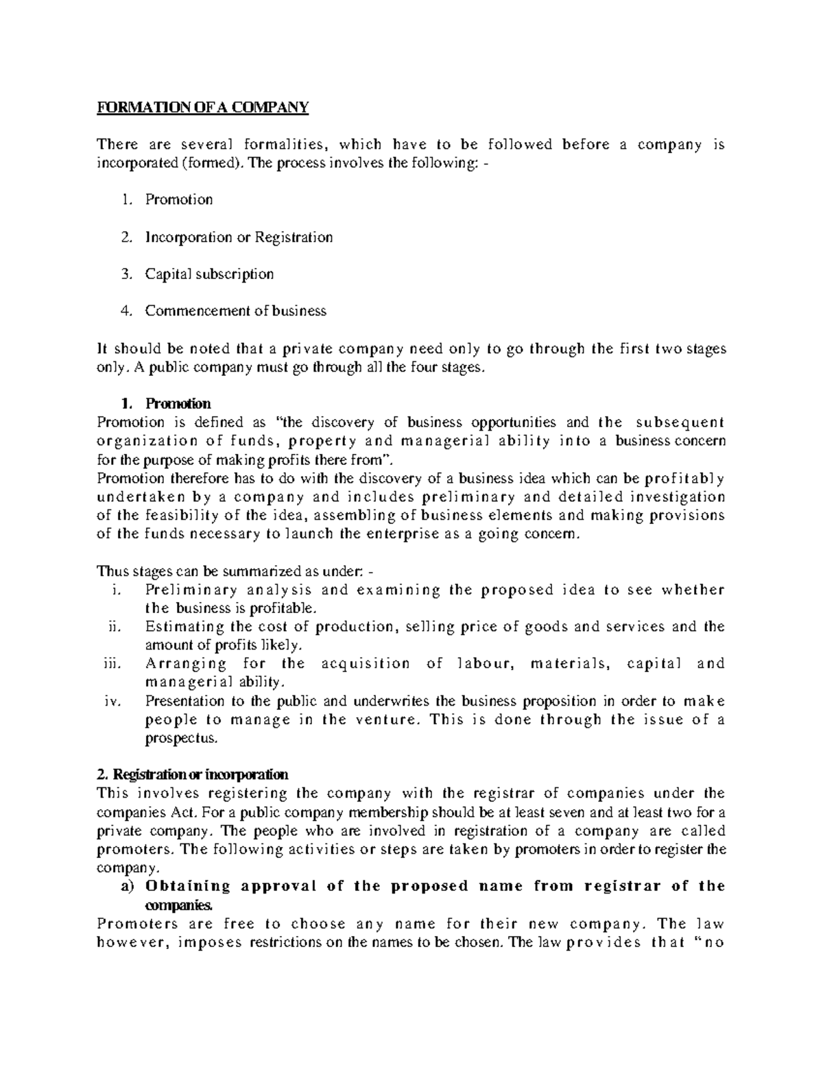 Company Law Lecture Notes: Formation and Incorporation of a Company ...