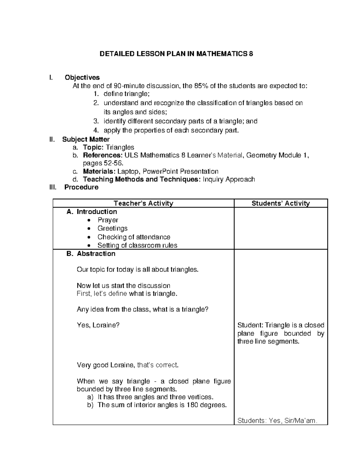 Detailed Lesson Plan: Triangles in Mathematics 8 - Studocu