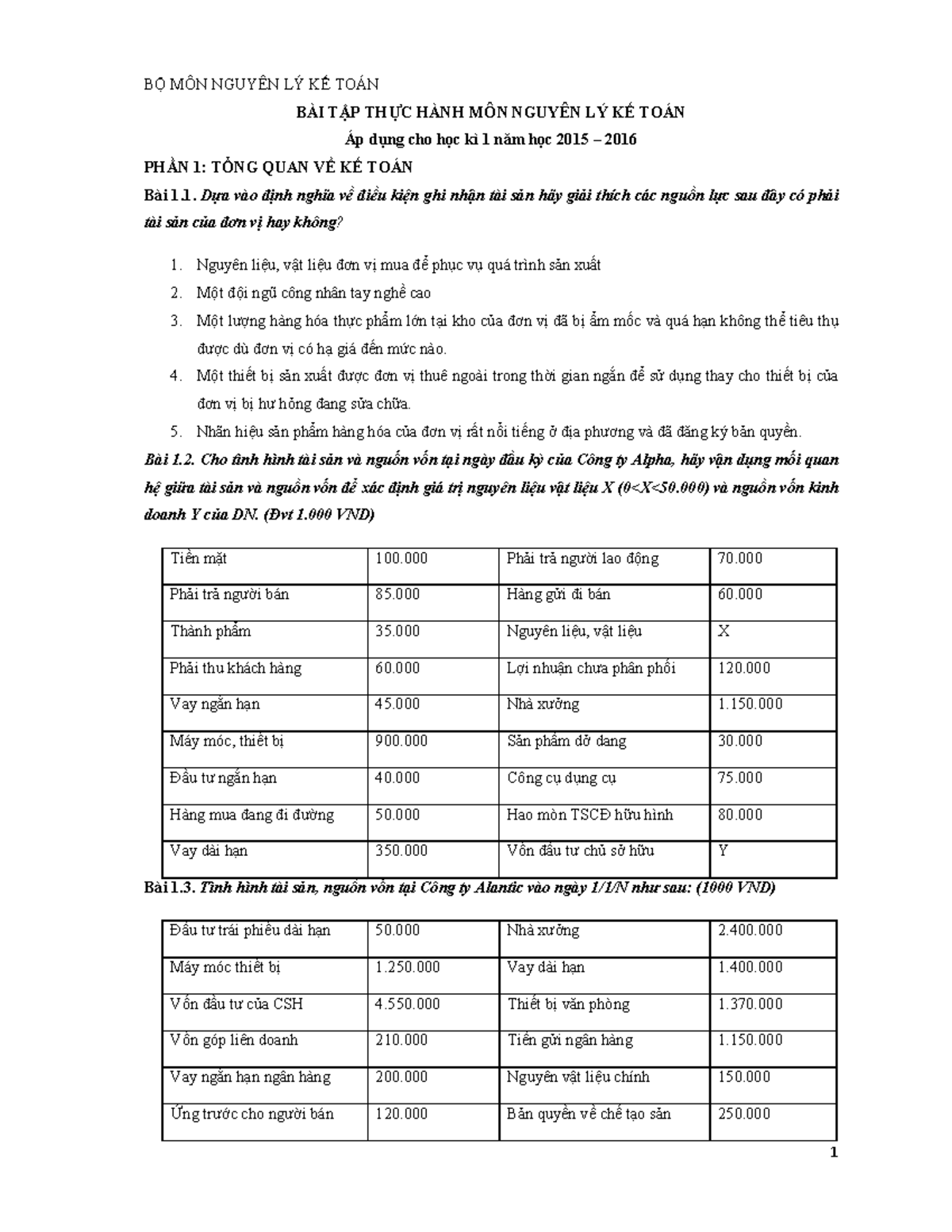 Bai tap Nguyen ly ke toan 1 - BỘ MÔN NGUYÊN LÝ KẾ TOÁN BÀI TẬP THỰC ...