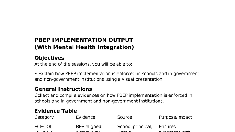 PBEP Implementation Output & Mental Health Integration - Eng 6 Activity ...