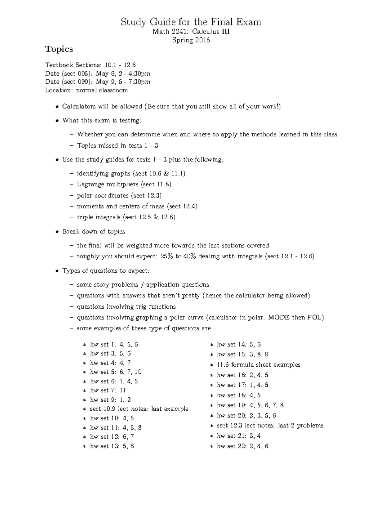 Final study guide - Exam practice - Study Guide for the Final Exam Math ...