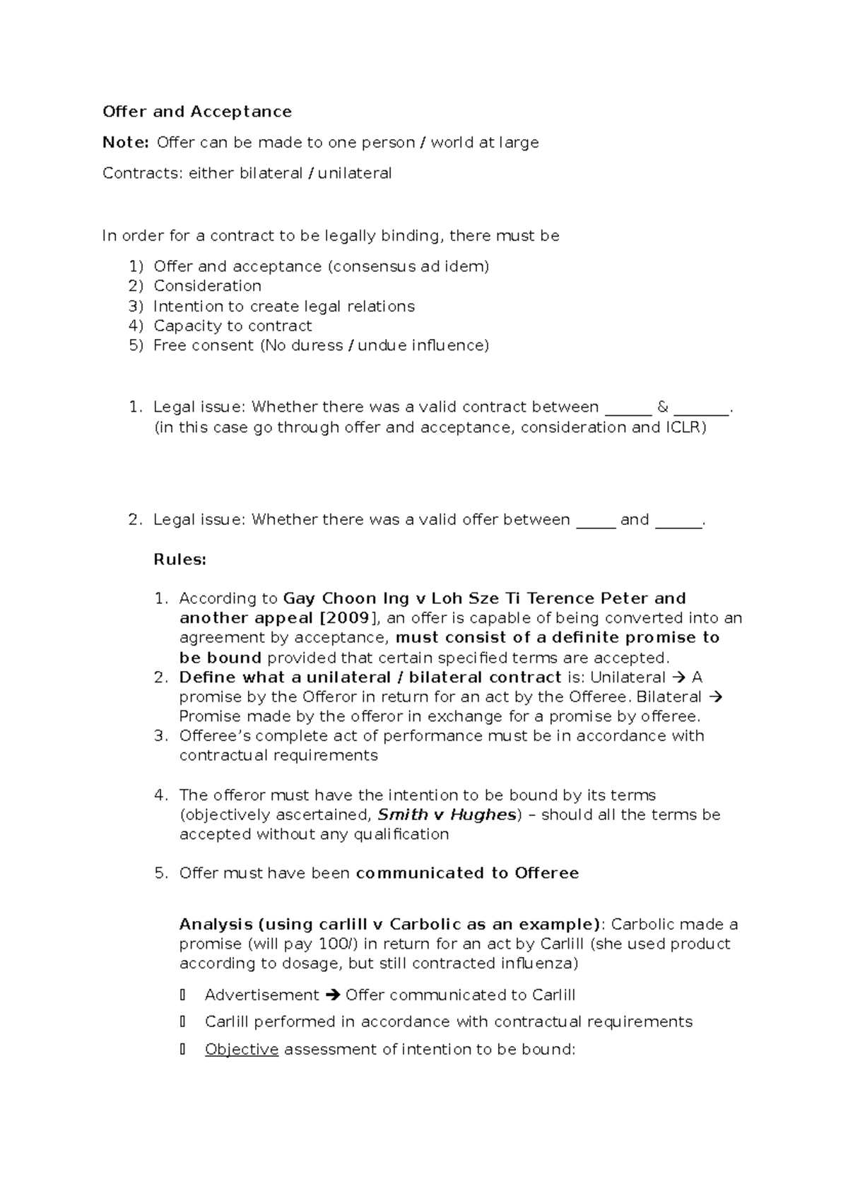 Contracts: Offer and Acceptance Cheat Sheet for Law 101 - Studocu