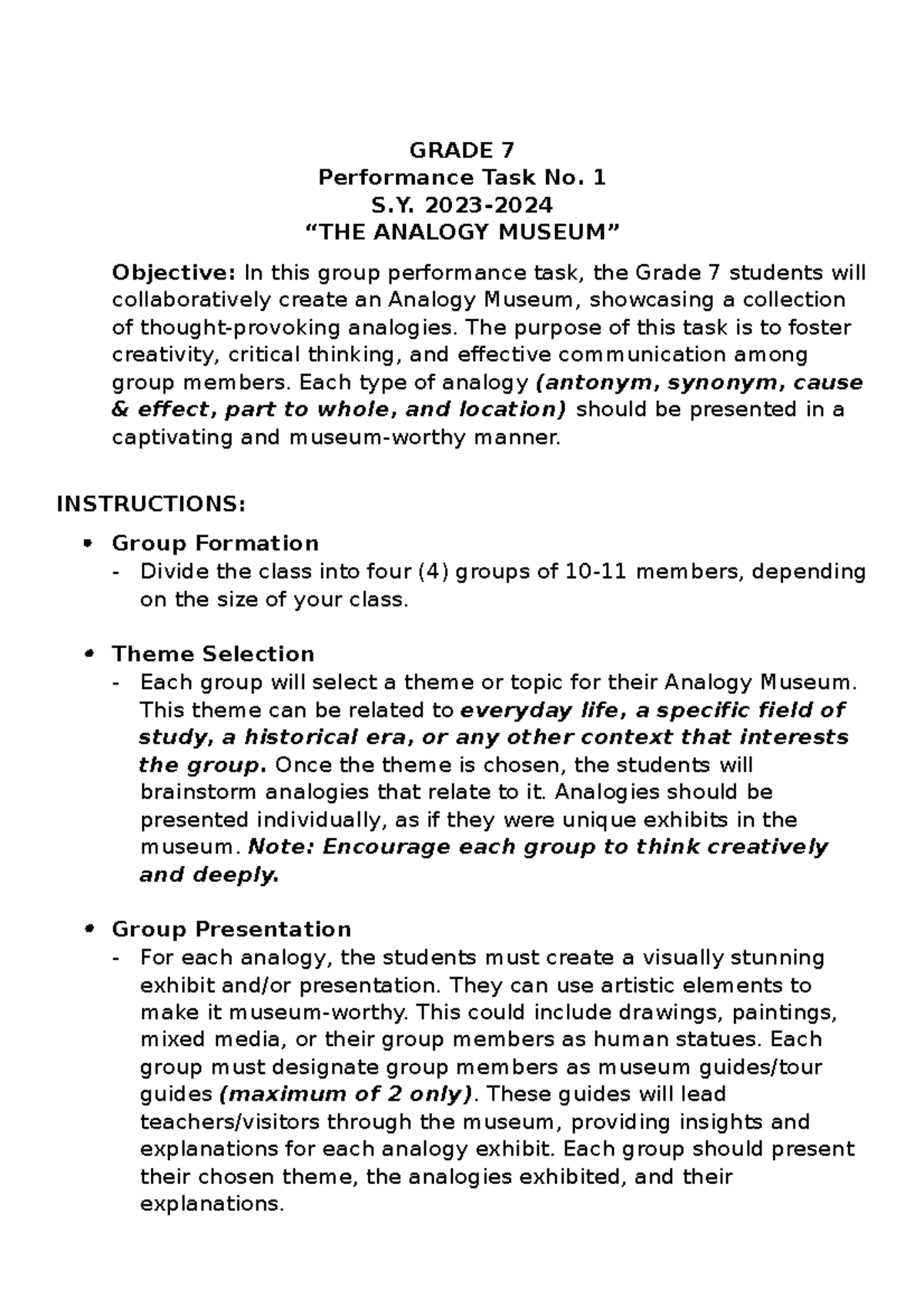 Grade 7 Performance Task 1: The Analogy Museum Project - Studocu