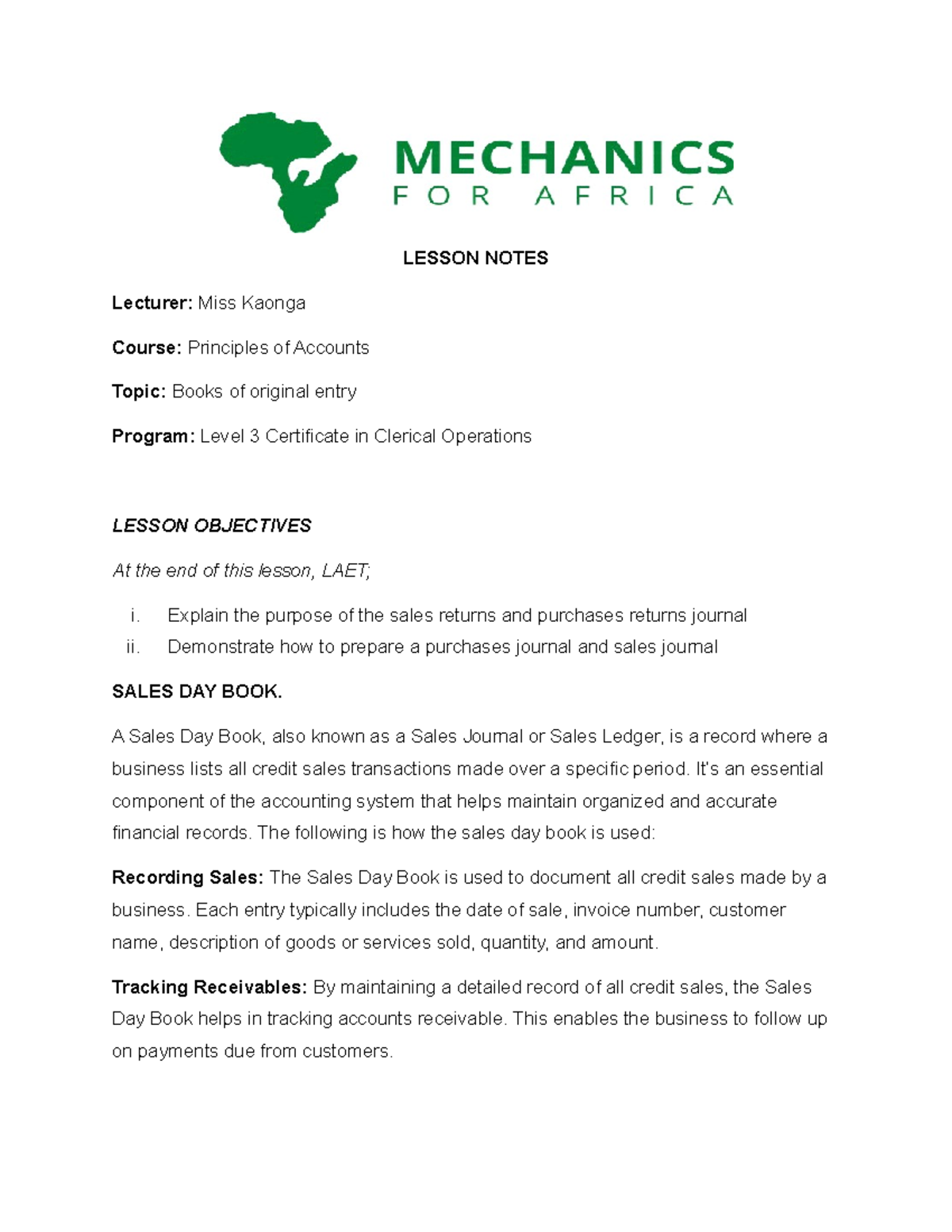 Principles of Accounts Lesson Notes: Books of Original Entry (Level 3 ...