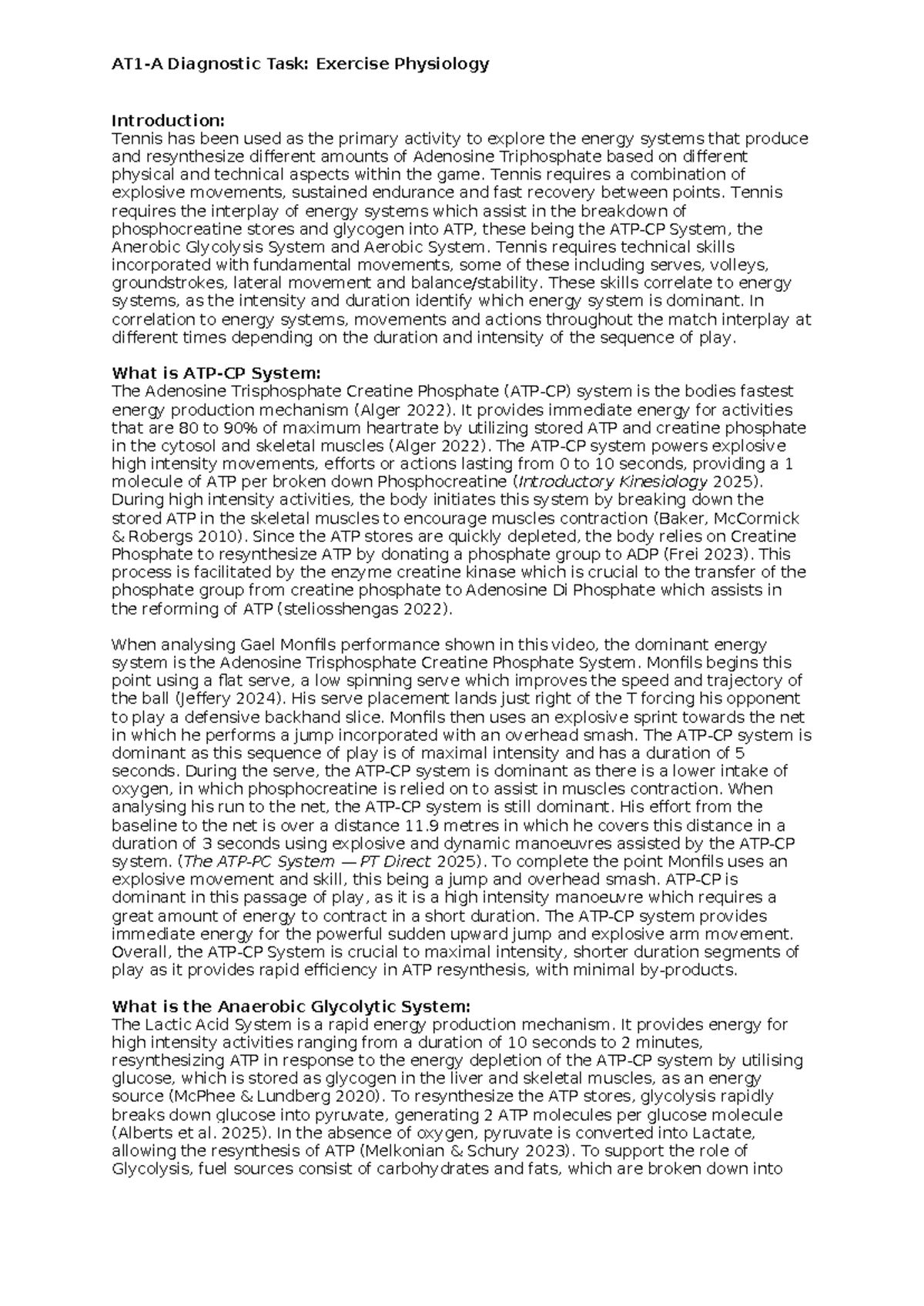PE - Stage 2 - AT1 - Diagnostic Task: Energy Systems in Tennis - Studocu
