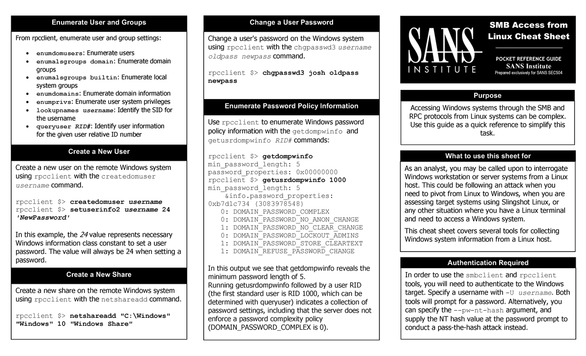 SMB Access from Linux: File Transfers Module Cheat Sheet (SEC504) - Studocu