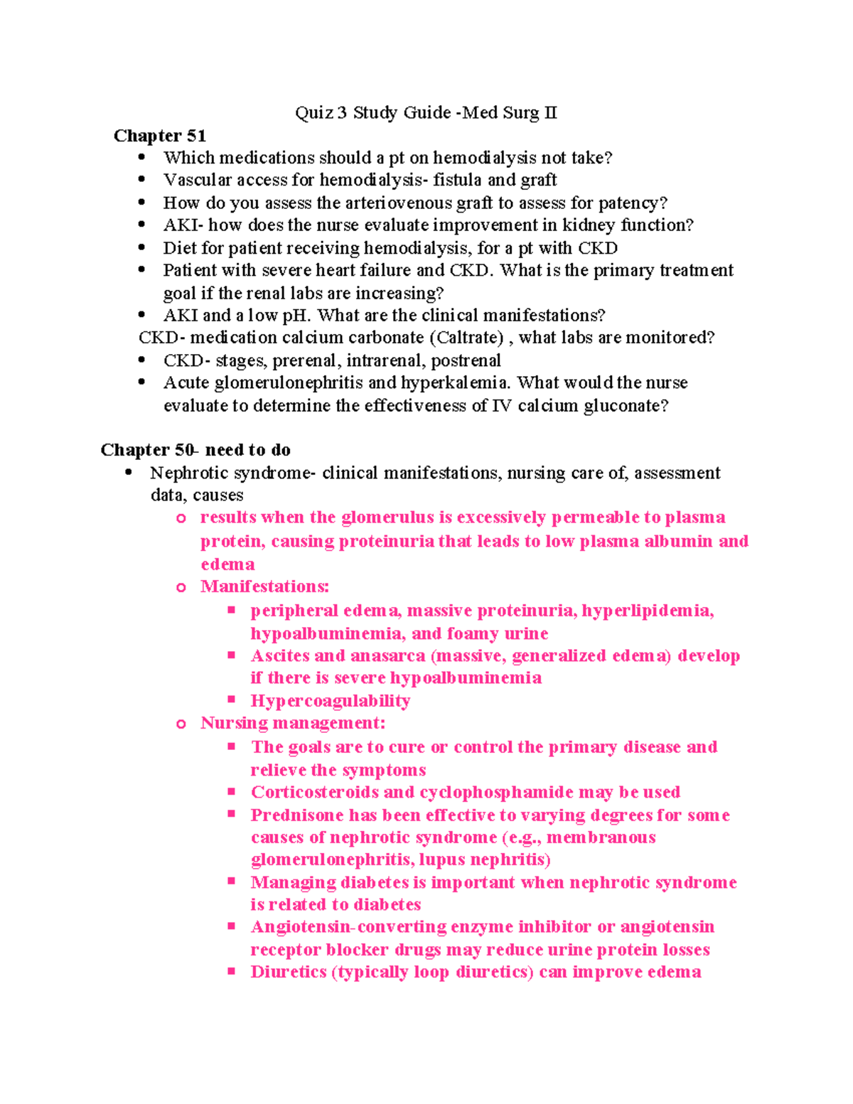Quiz 3 Med Surg II Study Guide: Key Concepts in Hemodialysis and Kidney ...