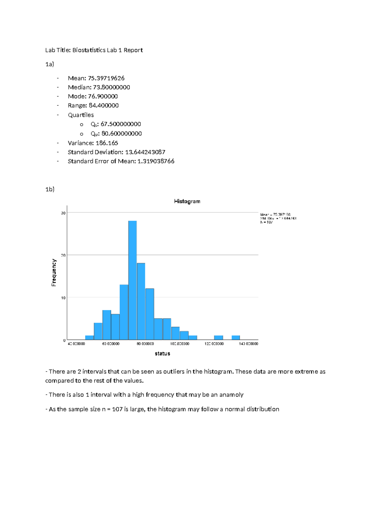 Biostats lab report 1 - Lab Title: Biostatistics Lab 1 Report 1a ...