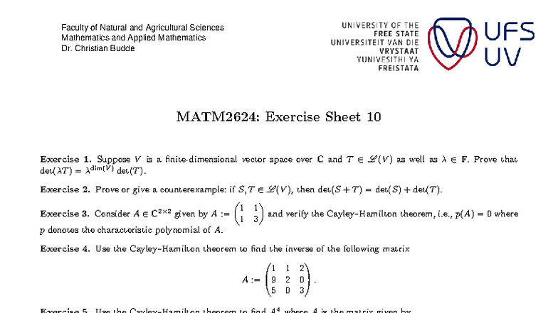 MATM2624: Exercise Sheet 10 - Vector Spaces and Determinants - Studocu