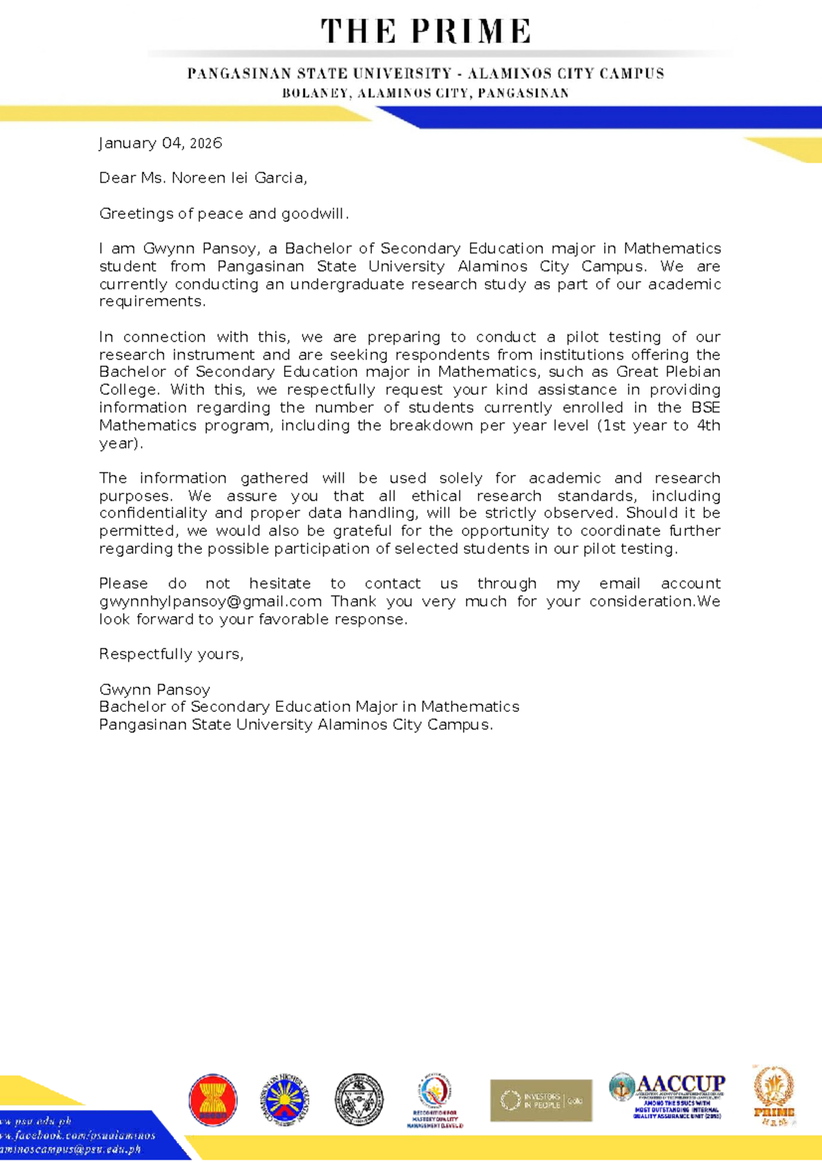 BSE Math Research Pilot Testing Request Letter - Studocu