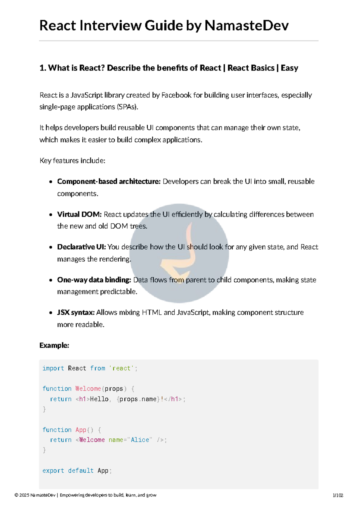 React Interview Questions Guide - NamasteDev 2025 - Studocu