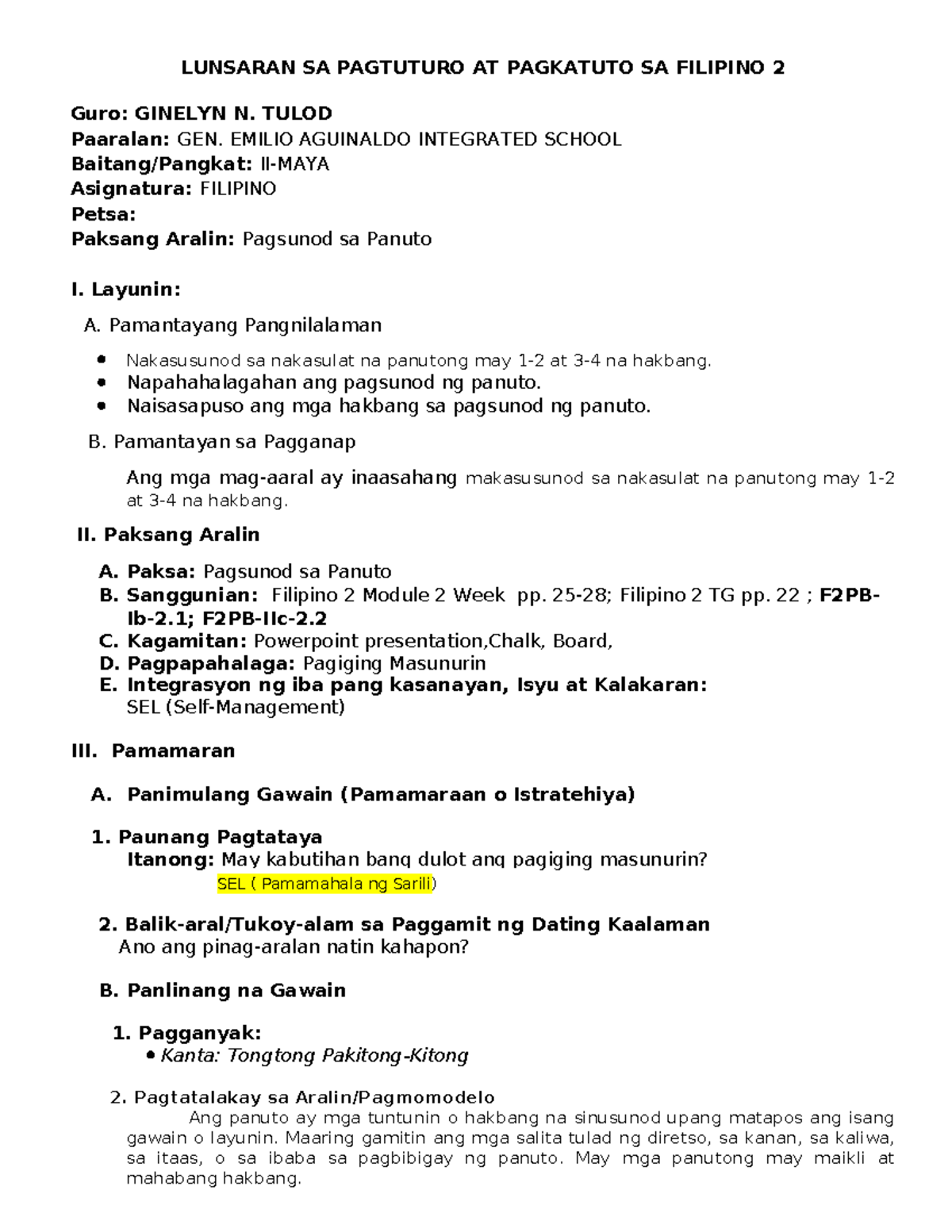Q1 - Filipino 2 - Lesson Plan: Pagsunod sa Panuto W-5 - Studocu
