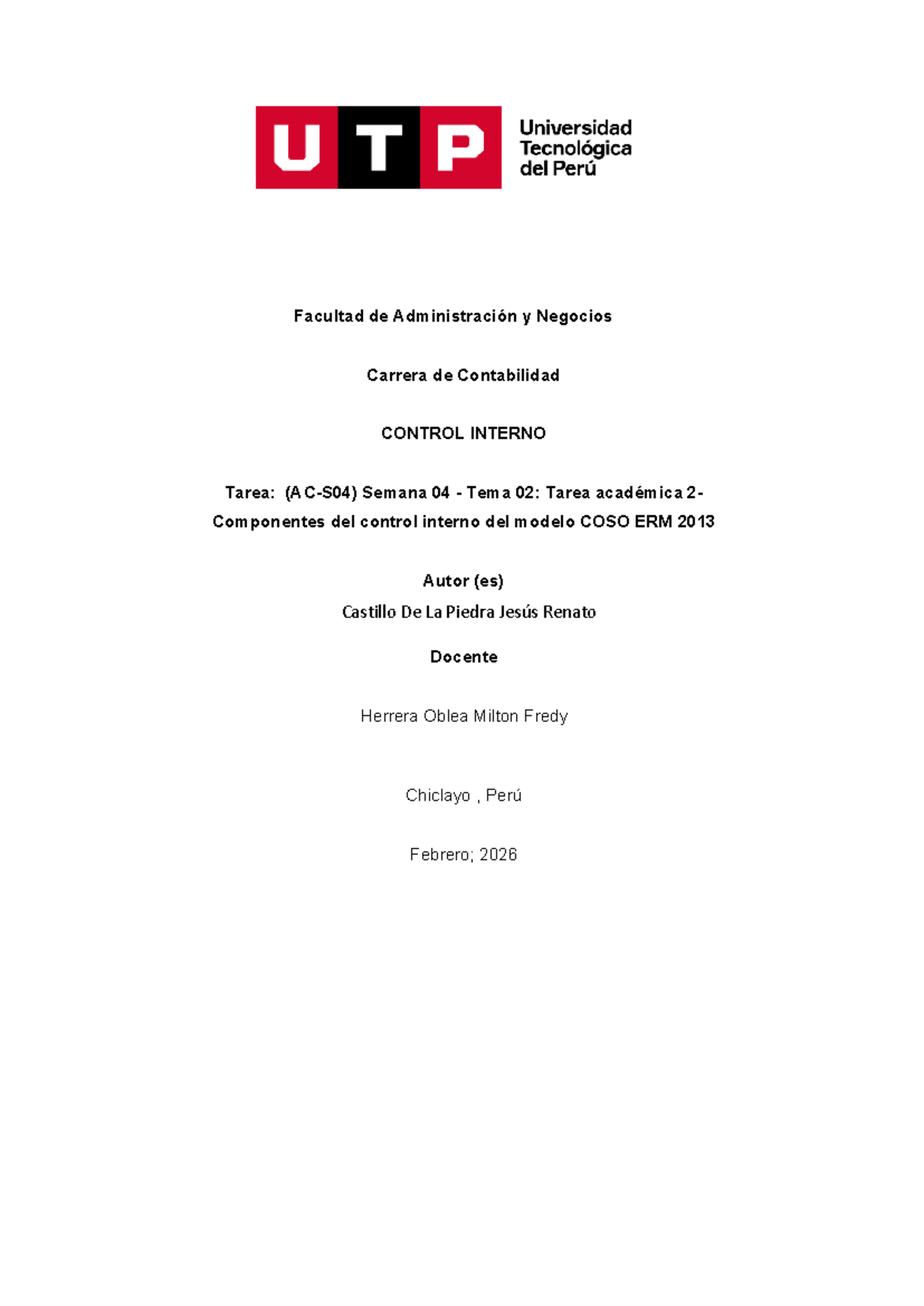 TAREA ACADÉMICA 2: Componentes del Control Interno COSO ERM 2013 - Studocu