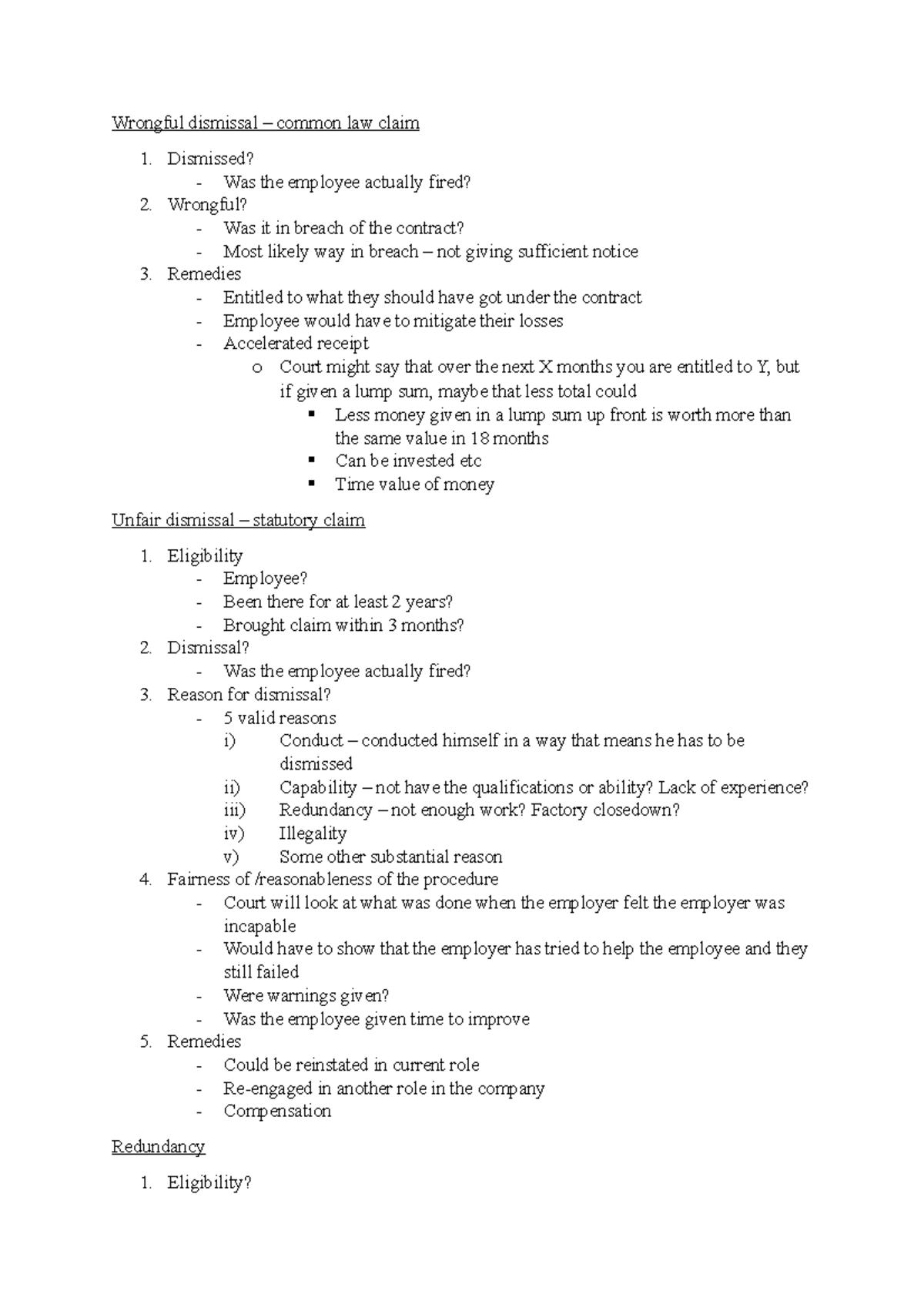 WS15 - employment notes - Wrongful dismissal – common law claim ...