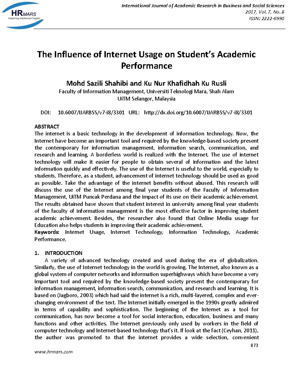 The Impact of Internet Usage on Academic Performance of Students: A ...