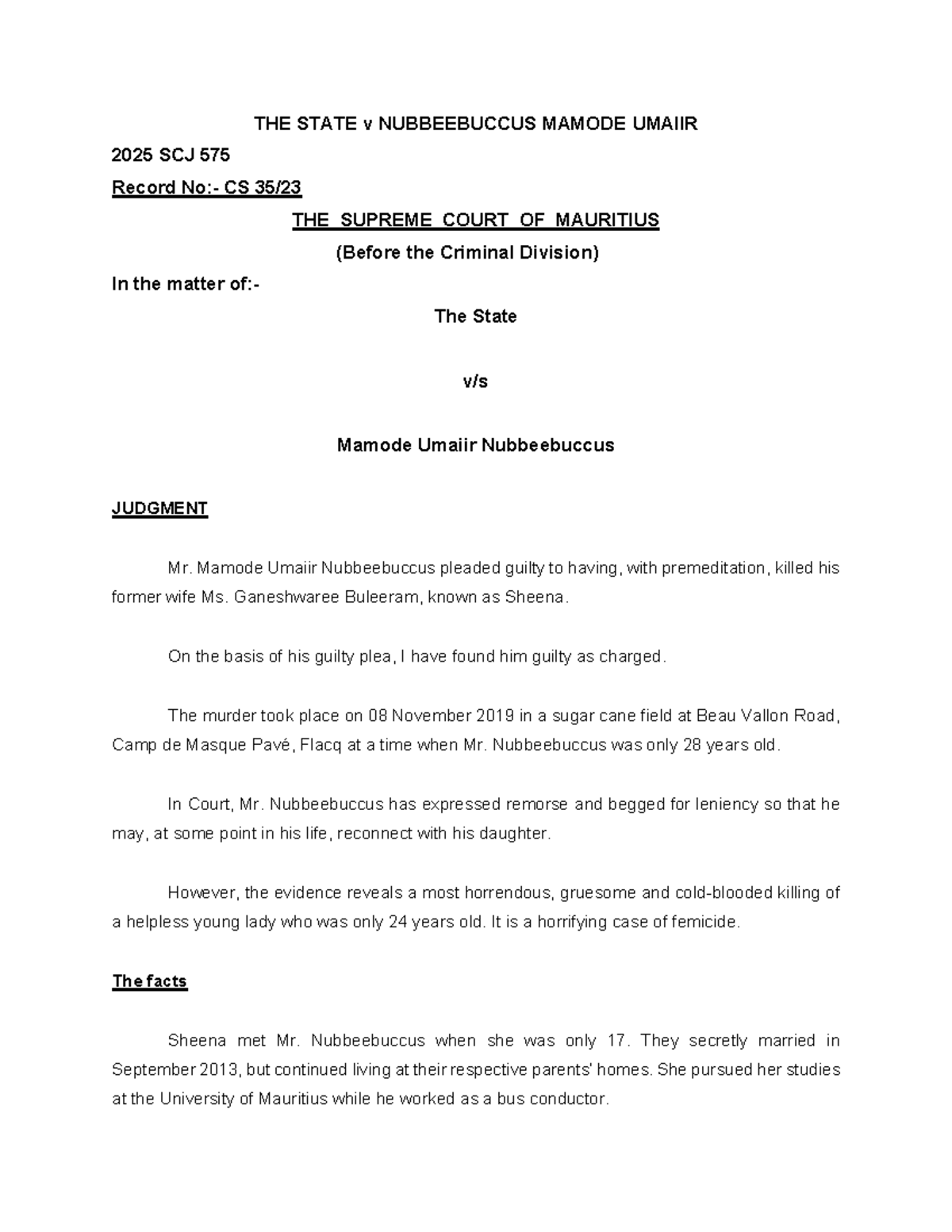 State v. Nubbeebuccus Mamode Umaiir: 2025 SCJ 575 Judgment on Femicide ...