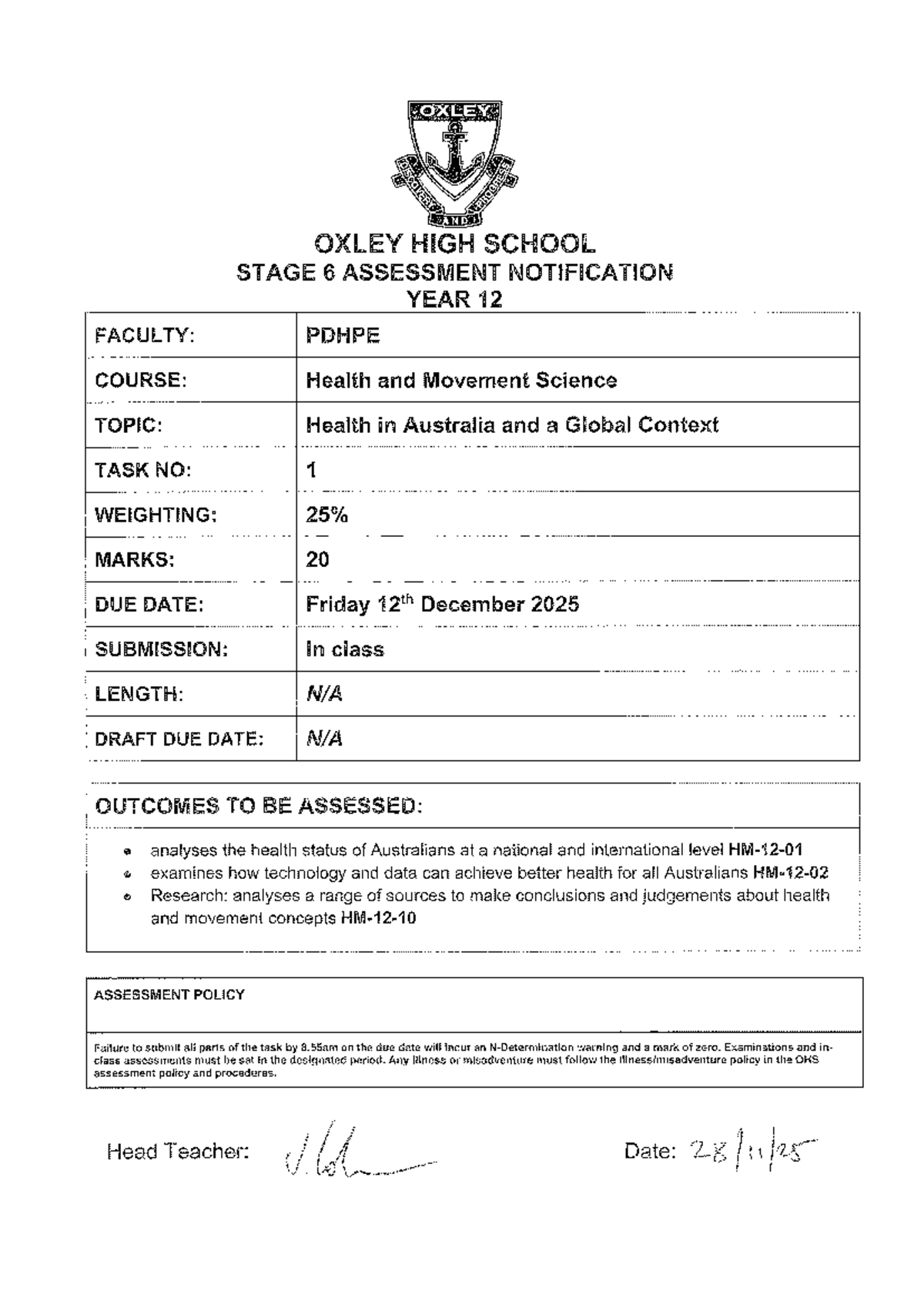 Year 12 Health Assessment Notification - Task 1 - Studocu