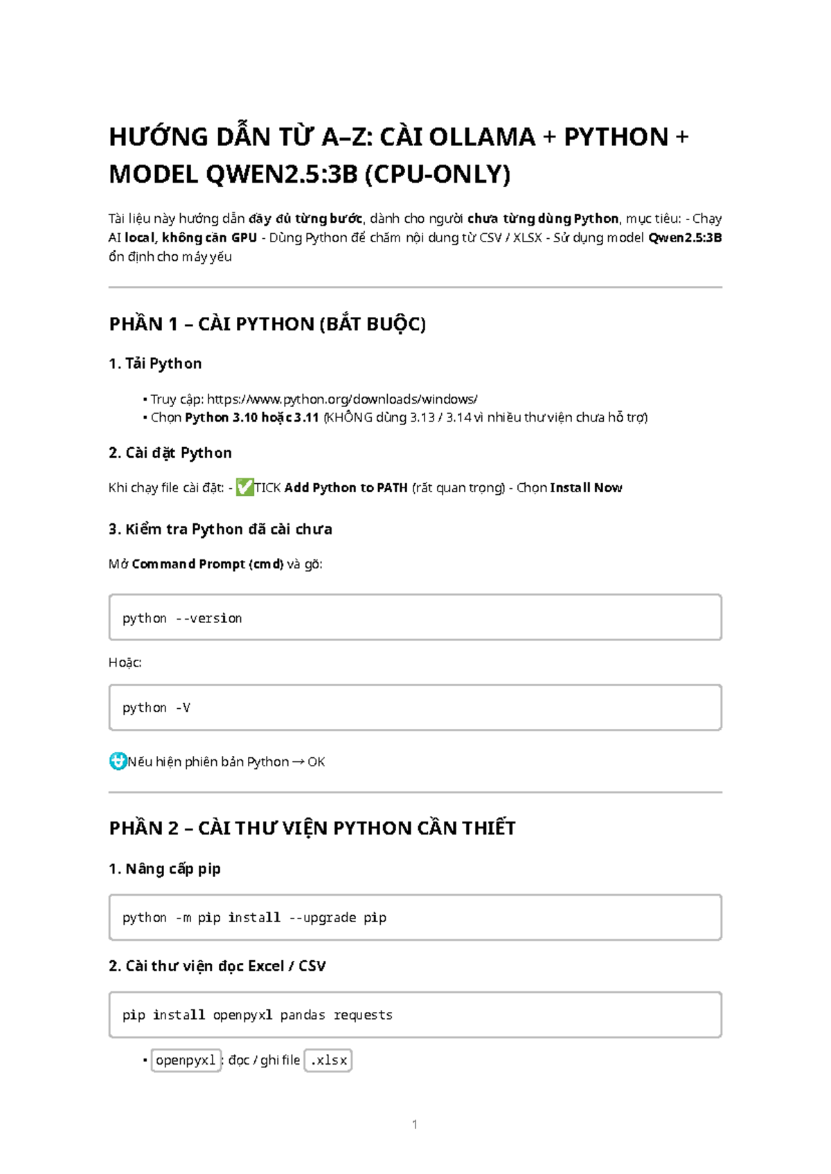 Hướng Dẫn Cài Đặt Ollama và Python Model Qwen2.5:3B - Studocu