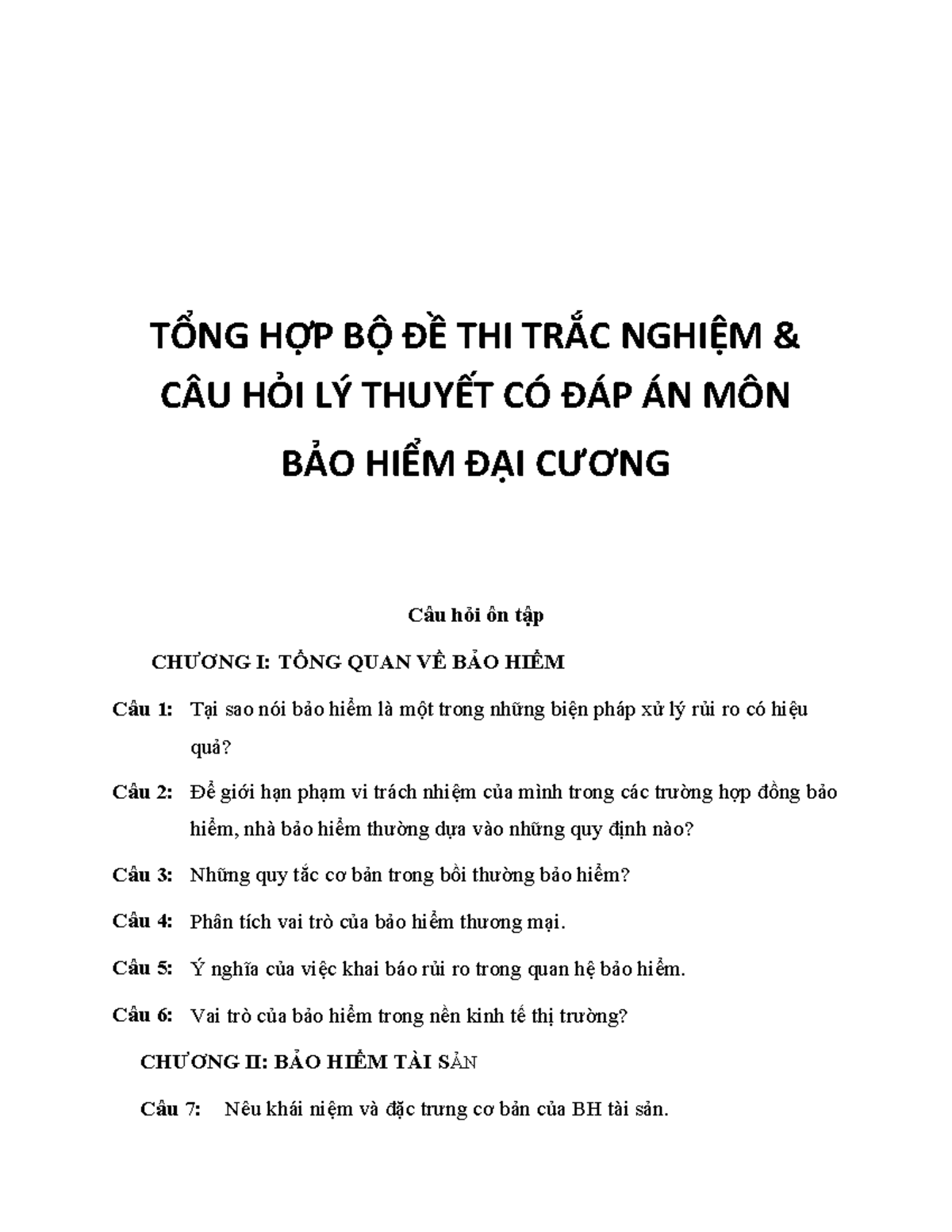 Tổng Hợp Đề Thi Trắc Nghiệm Lý Thuyết Bảo Hiểm Đại Cương - Document Preview