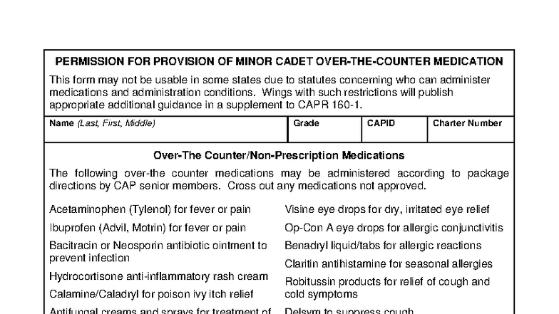 CAPF 163 Blank - Minor Cadet Medication Permission Form - Studocu