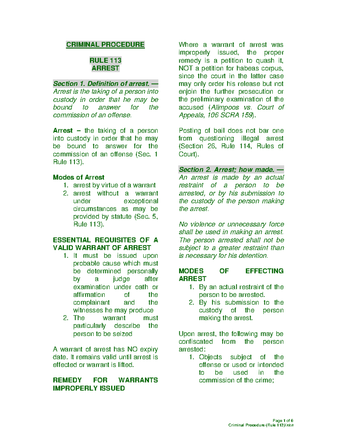 Kich Notes - Criminal Procedure (Rule 113): Understanding Arrests - Studocu