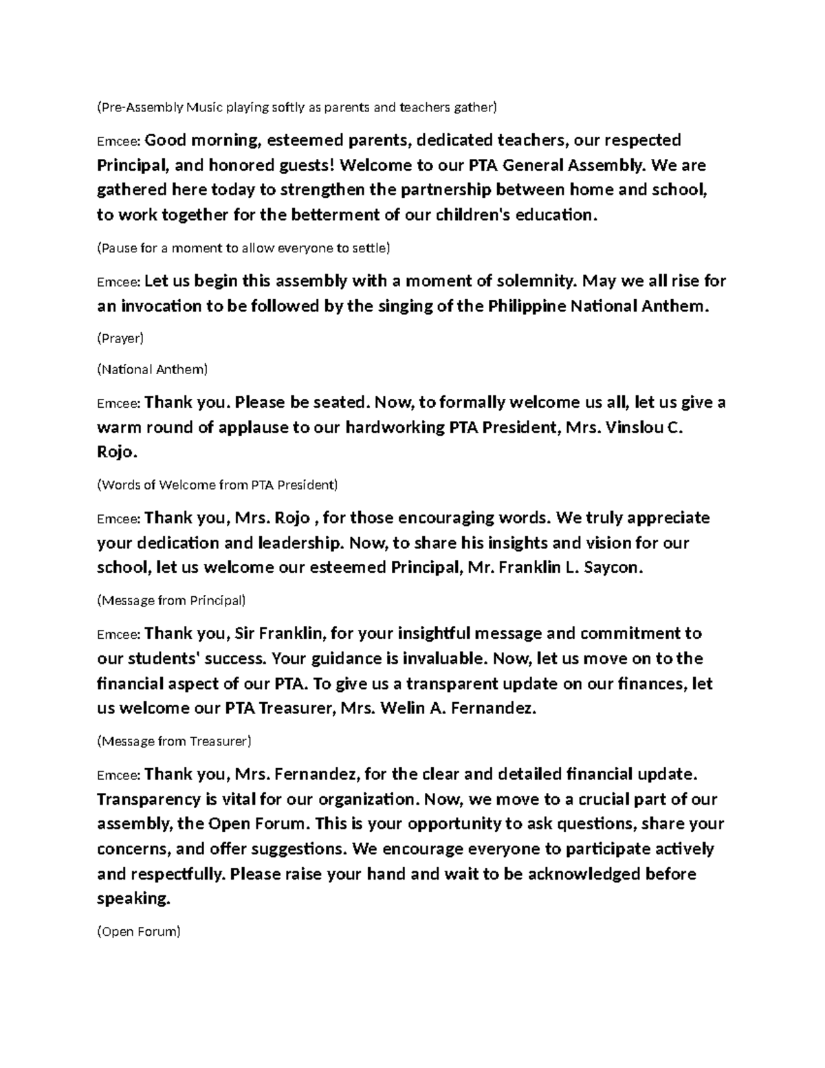 PTA Meeting Script - (Pre-Assembly Music playing softly as parents and ...